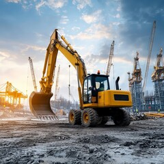 Fototapeta premium Excavator Working on Construction Site at Sunset