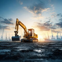 Excavator Working at Sunset in Industrial Setting