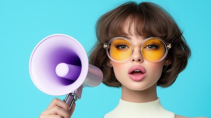 Vibrant fashionable woman with megaphone and retro glasses on turquoise background