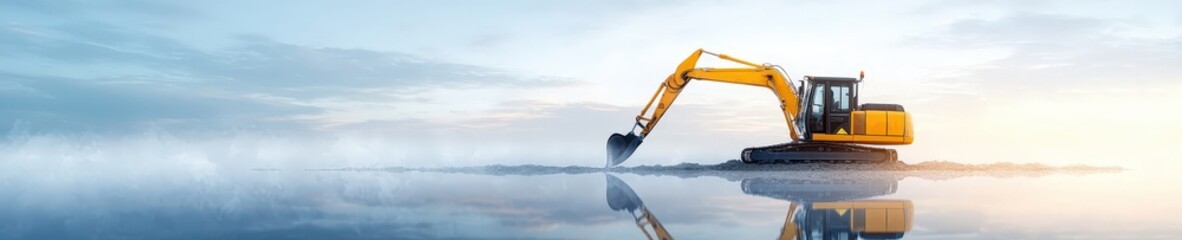 Excavator Working on Water's Edge at Sunrise