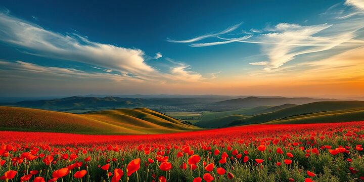 A vast expanse of red poppies covers the rolling hills and valleys under a dark blue sky with a few wispy clouds and a warm golden light, field, nature, hillside