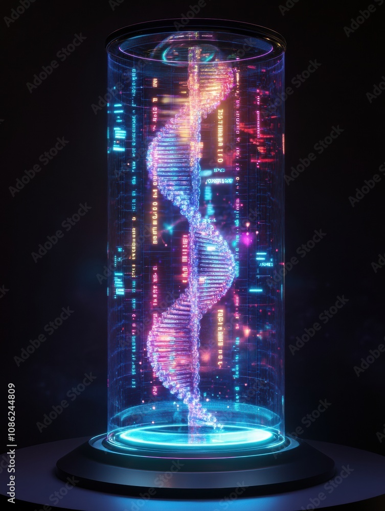 Poster A vibrant DNA double helix is showcased within a transparent cylinder, illuminated by colorful lights against a dark backdrop. Generative AI