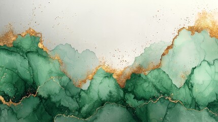Abstract green and gold watercolor design with fluid shapes and textures.