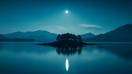 A small island with trees silhouetted against a bright moon in a still lake under a starry night sky.