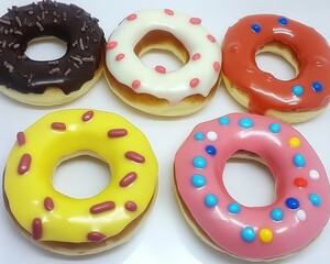 Fototapeta premium A delightful assortment of six vibrant donuts in various colors, artfully arranged on a pristine white surface, exuding sweetness and charm.