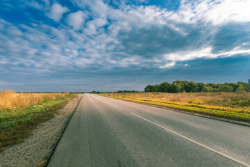 A road with a few trees in the background and a cloudy sky