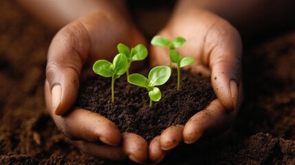 Hands nurturing young plants in fertile soil