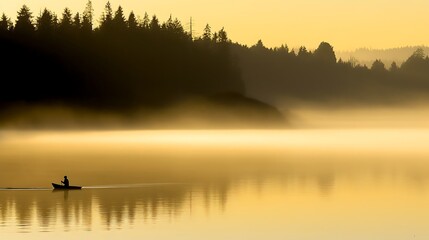 Solitary Figure Paddling a Boat on a Misty Lake at Dawn