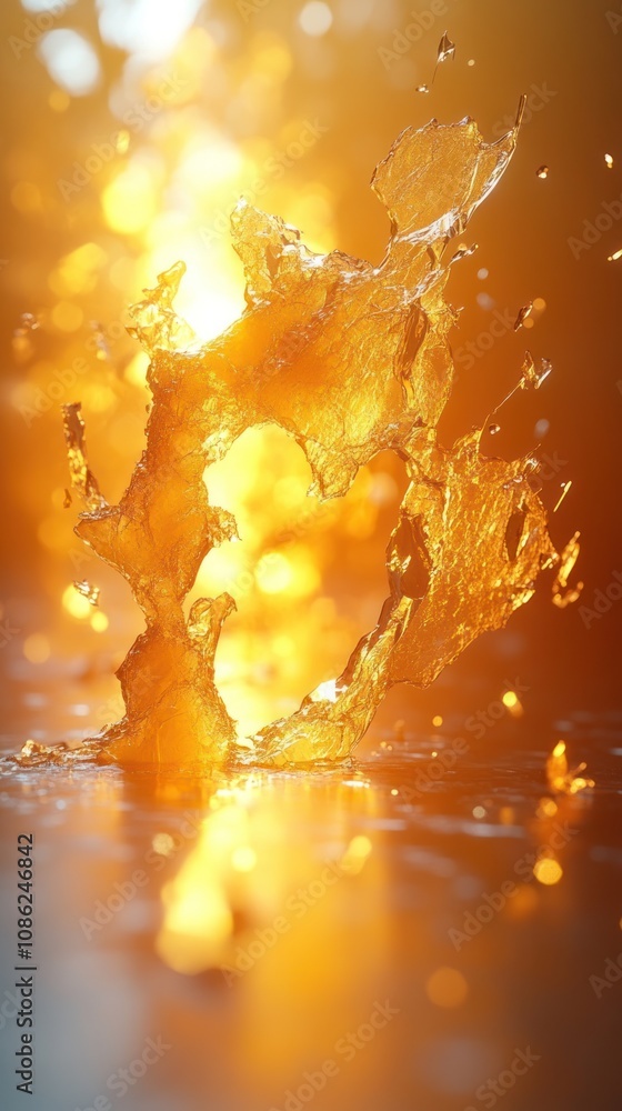 Poster a splash of liquid illuminated by warm light, creating a dynamic effect.