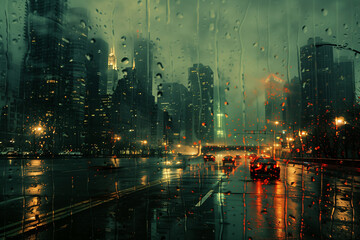Fototapeta premium Rainy Night Cityscape Traffic Urban Skyscrapers View Through Window Raindrops Night Lights City