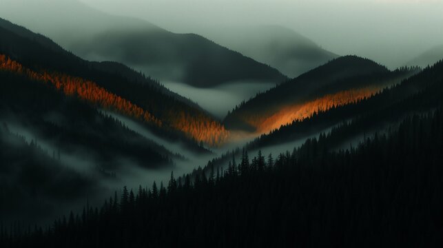 Misty Mountain Sunrise Autumnal Forest Panorama