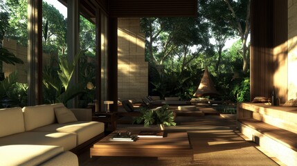 Fototapeta premium Modern Living Room with Beige Sofa and Wooden Accents