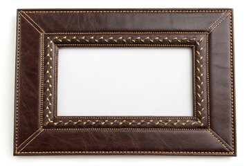 Dark brown leather frame with intricate stitching in a subtle gold tone, luxury, elegance
