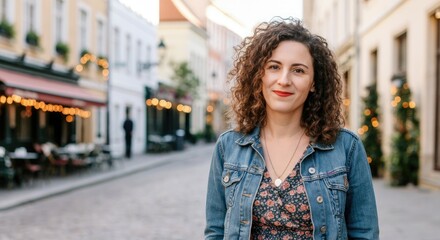 Fototapeta premium Smiling woman with curly hair, floral dress, and denim jacket standing on charming street cafes