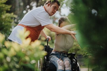 A young man helps a woman in a wheelchair enjoy gardening. The scene captures teamwork, support,...