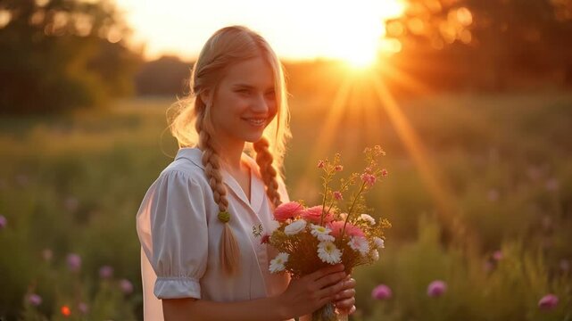 Russian woman standing with a bouquet of flowers in a glowing, warm sunlight setting.