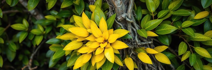 Obraz premium Dense cluster of vibrant yellow and green mangrove leaves surrounding a gnarled root, mangrove, swampy, roots