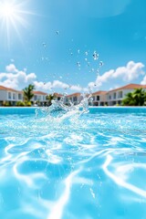 Splashing Water in a Bright Pool Under Blue Sky