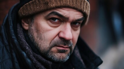 Obraz premium Close-up Portrait of a Man in Winter