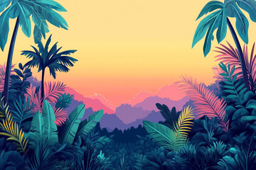 Vibrant Tropical Sunset Landscape With Lush Palm Trees