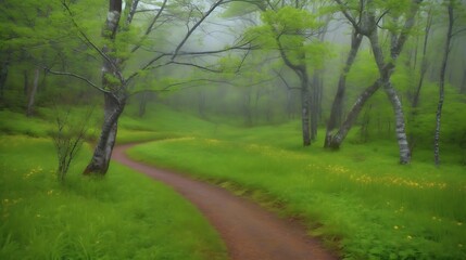 Obraz premium Misty Forest Path Winding Through Lush Green Meadow