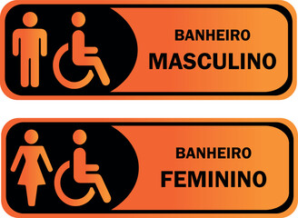 Placas para Banheiro Retangular, Masculino e Feminino. Nas Cores Preta e Laranja Gradiente.