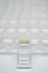 Front view of rj-45 network connector on background network connectors, network concept, background. selective focus