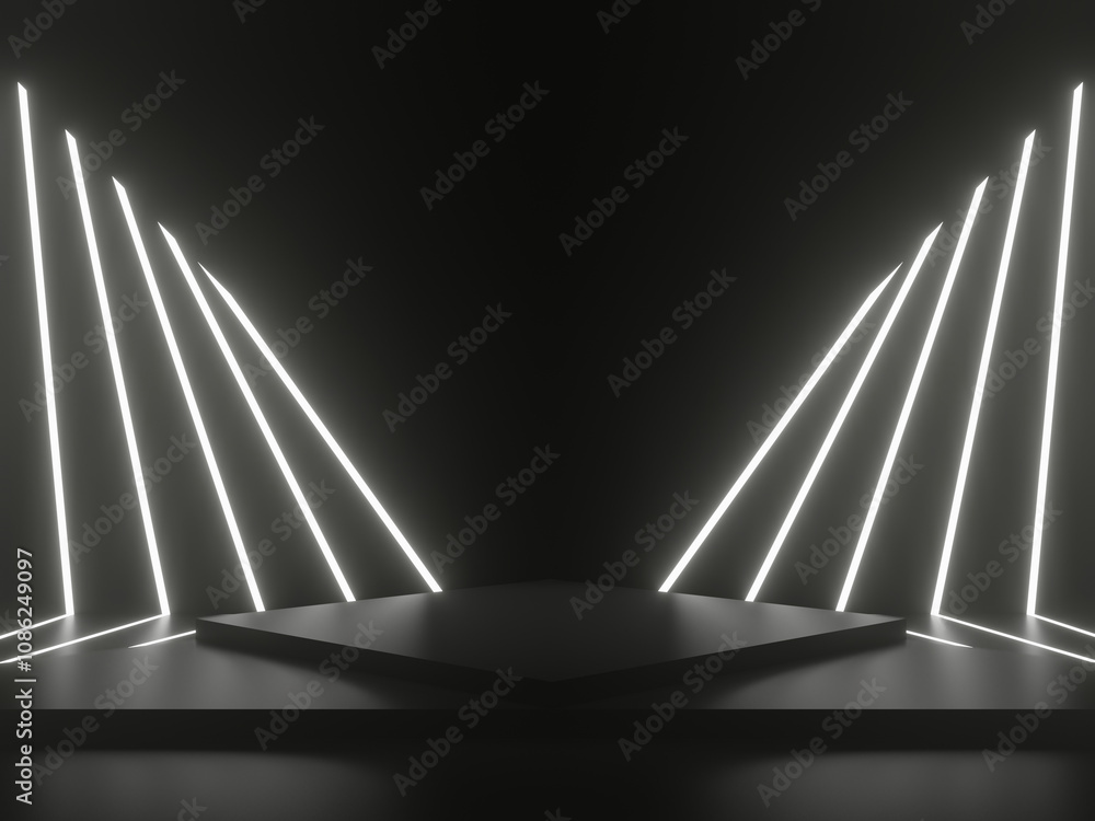 Wall mural 3d black podium with white neon lights