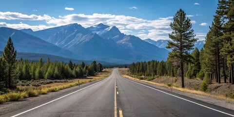 Naklejka premium Empty stretch of asphalt road running parallel to a mountain range with a clear blue sky above and pine trees in the foreground, road to nowhere, mountain view, serene atmosphere