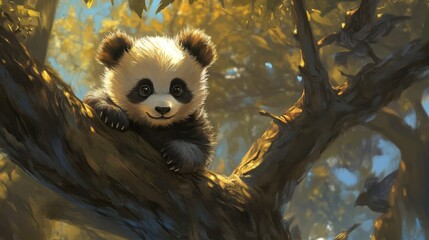 Obraz premium Cute Panda Cub Perched on a Branch in a Tree