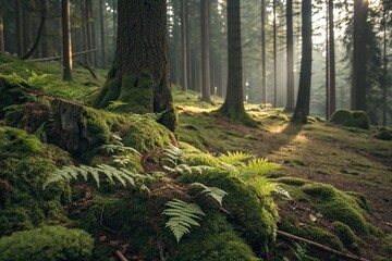 Fototapeta premium Forest floor with moss-covered log and ferns, moss, fallen tree
