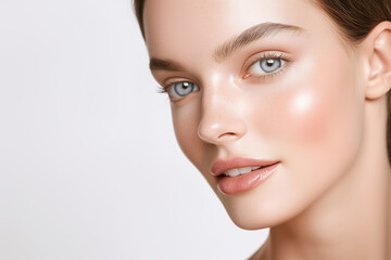Fototapeta premium Close up Portrait of a Woman with Beautiful Skin and Blue Eyes