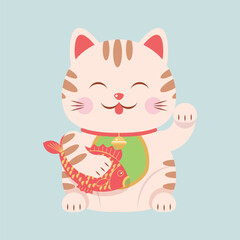Cute striped cat with rised left paw holds a fish. Maneki-neko traditional japanese gift toy attracting good luck. Isolated vector object, symbol, icon, character