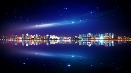 Night City Skyline Reflected in Calm Water Under Starry Sky