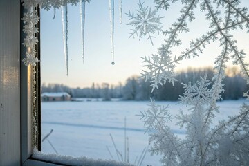 Frosty windowpane design with snowflakes and icicles in a modern minimalist style, simple, frosty, icicles