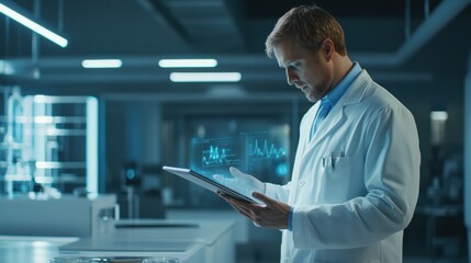 A doctor dressed in a white coat is focused on a tablet, analyzing patient information in a high-tech laboratory at night. Generative AI