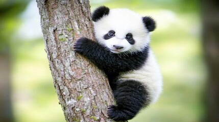 Fototapeta premium Playful Panda Cub Climbing a Tree