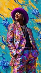 Fototapeta premium A woman wearing a purple hat and a colorful suit