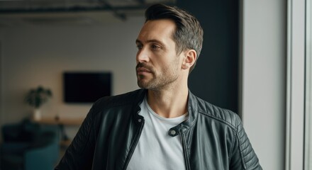 Obraz premium Thoughtful man in black jacket looks outside window, modern office setting
