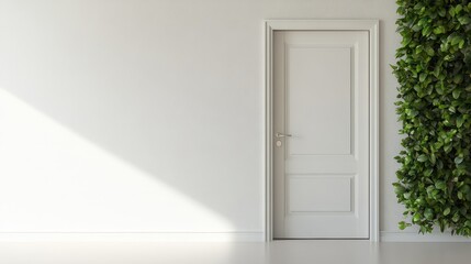 Fototapeta premium A modern, minimalistic interior featuring a white door and greenery, perfect for showcasing elegance and tranquility in design.