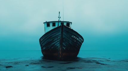 Fototapeta premium A moody seascape featuring an abandoned boat on calm waters, shrouded in misty atmosphere, evoking mystery and solitude.