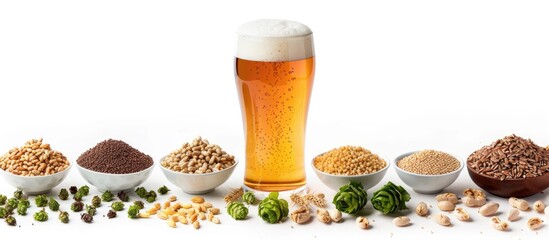 Craft Beer Ingredients with Pilsner Glass and Malts on White Background