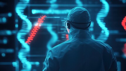A scientist analyzing genetic data on a futuristic interface, showcasing DNA strands and advanced technology.