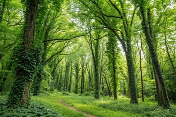 Obraz premium Leafy forest landscape with tall trees and vines on a bright green background, botanical, growth