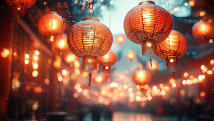 vibrant display of red lanterns illuminates festive atmosphere, creating warm and inviting scene filled with soft bokeh lights. enchanting glow enhances cultural ambiance