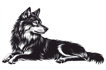 Naklejka premium A Majestic Wolf Resting Elegantly In Black And White