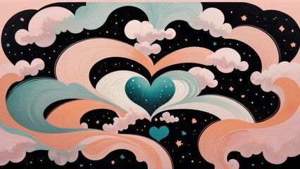 Abstract illustration of swirling pastel clouds and a glowing teal heart against a starry black sky.