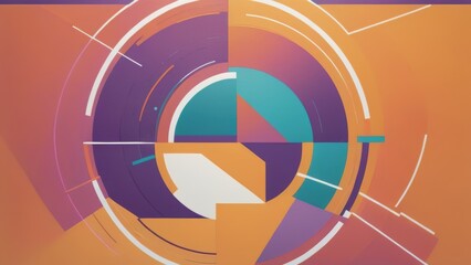 Abstract geometric composition with vibrant orange, purple, and teal circular patterns and dynamic white lines.