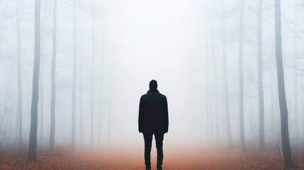 Fototapeta premium A solitary figure stands in a foggy forest, evoking mystery and introspection amidst nature's tranquility.