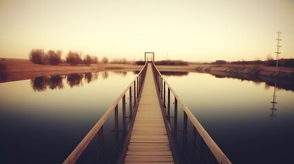 Fototapeta premium Wooden Bridge Spanning Calm Water at Sunset